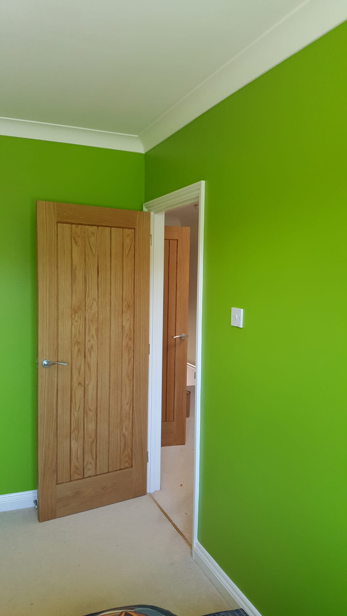 Bedroom with vivid green walls and white coving